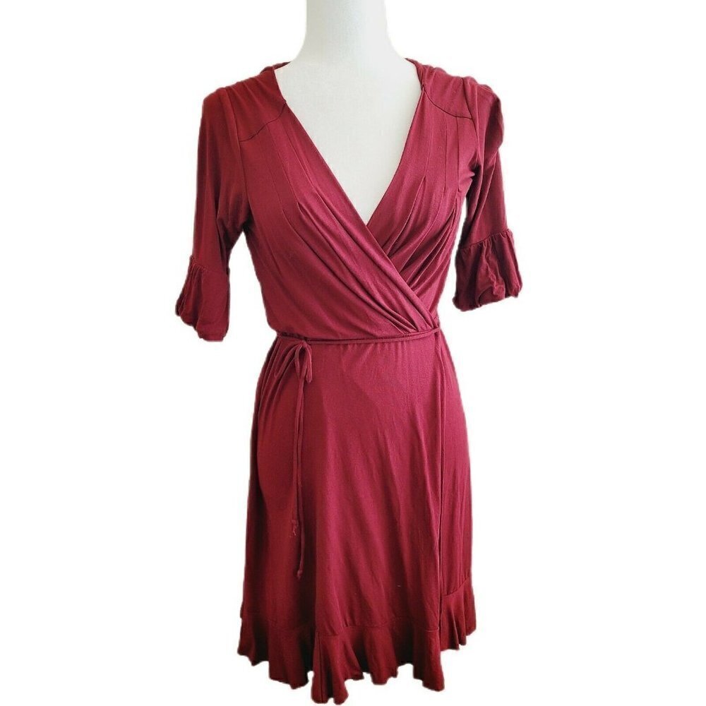 Karen Alexander Vintage wrap dress with ruffles, size S , dark Red Made in USA